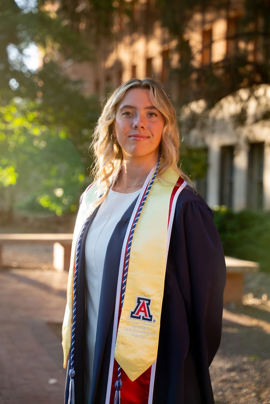 Graduate in gown and University of Arizona stole, backlit on a tree-lined campus walk