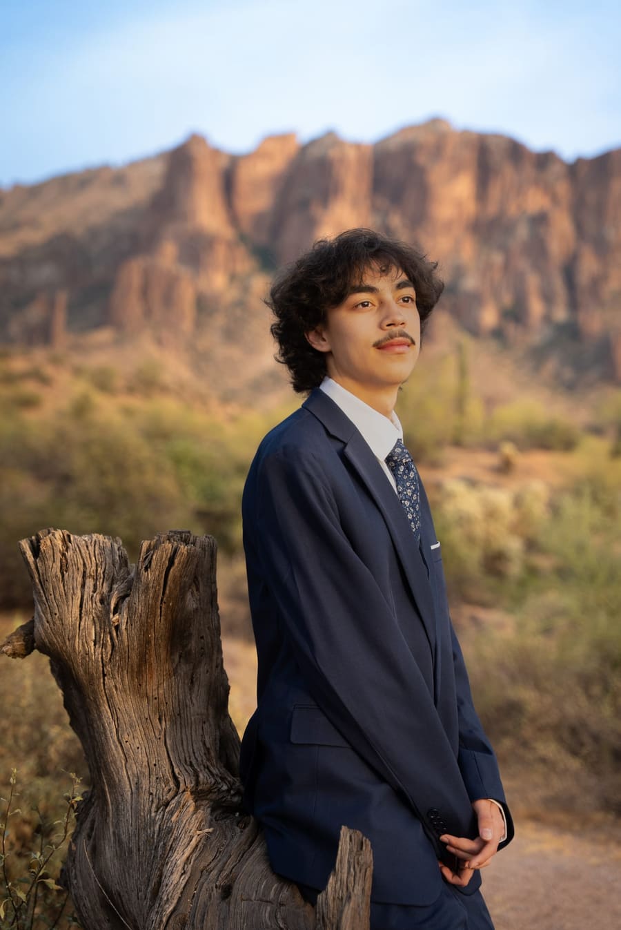 Young man in a suit leaning on a weathered stump beneath red rock cliffs