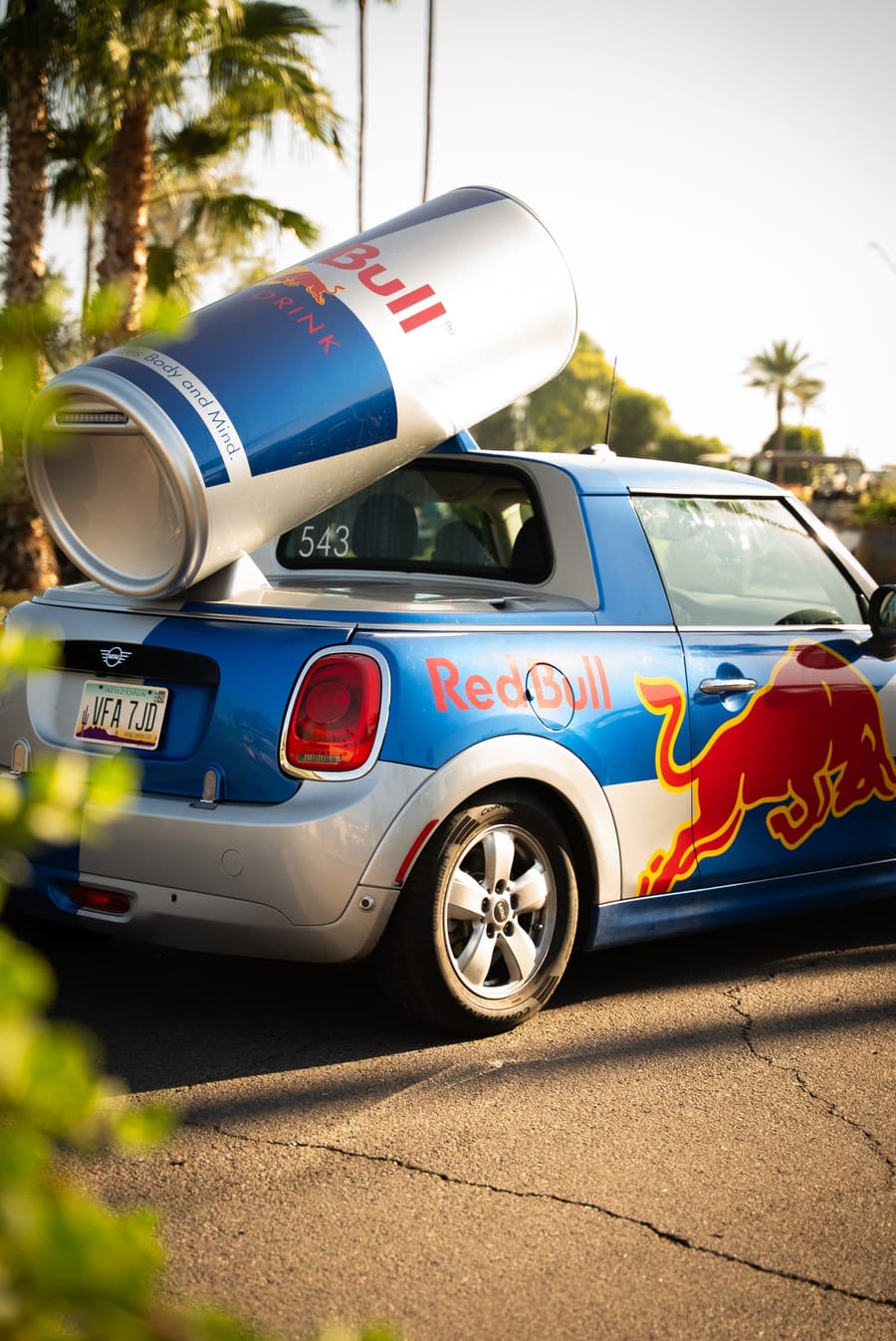 Red Bull Mini Cooper with a giant can on its roof