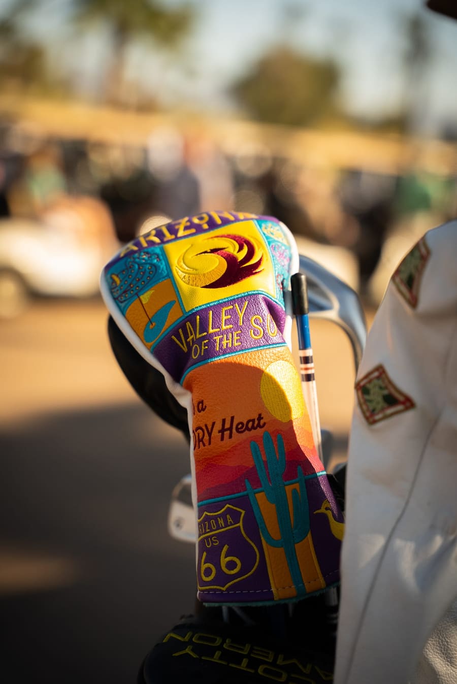 Colorful Arizona-themed golf club headcover in warm light